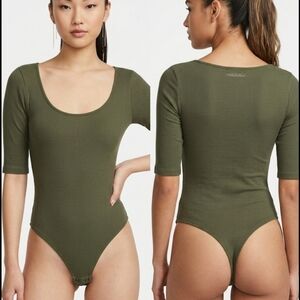 Express Olive Green Ribbed Bodysuit Square Neck Minimalist Capsule XS